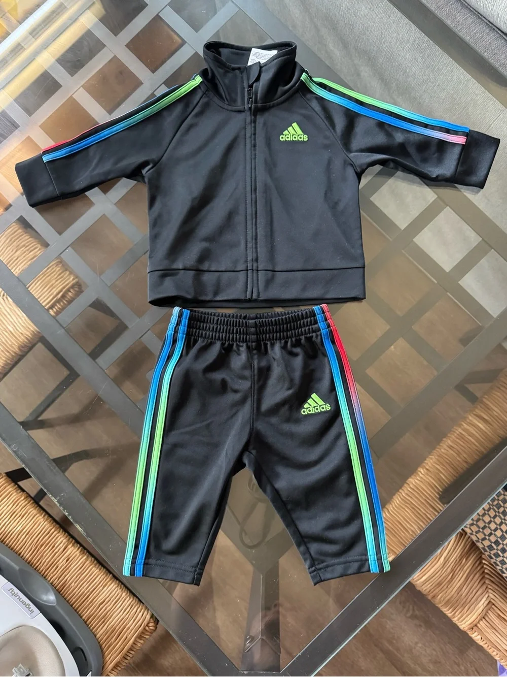 Adidas Infant 2-Piece Tricot Track Suit Black Rainbow Stripes 3M